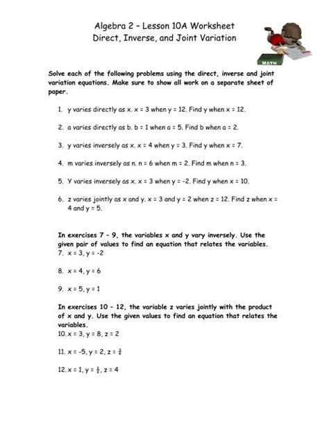 Algebra 2 â Lesson 10A Worksheet Direct Inverse and Joint Variation