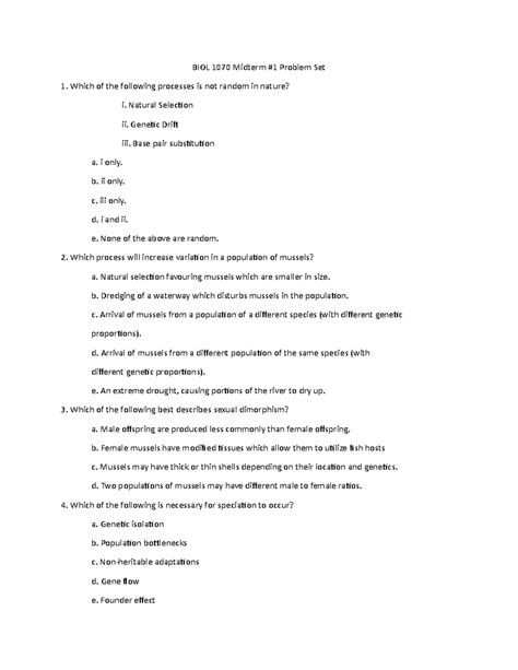 BIOL 1070 Midterm Practice BIOL 1070 Midterm 1 Problem Set Which Of