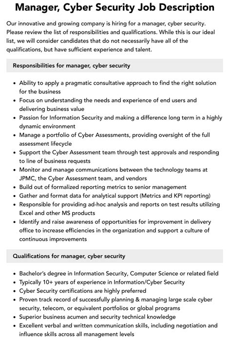 Manager Cyber Security Job Description Velvet Jobs