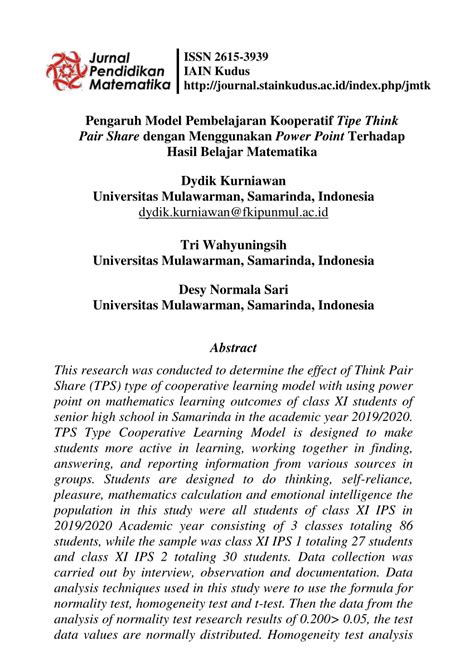 Pdf Pengaruh Model Pembelajaran Kooperatif Tipe Think Pair Share Dengan Menggunakan Power