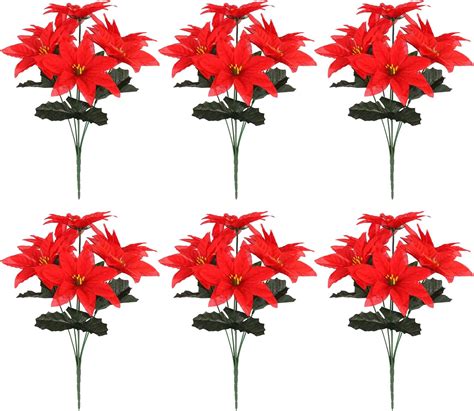 Mgq 6 Pcs Red Artificial Poinsettia Bouquet Bushesfake Poinsettia Plant Christmas