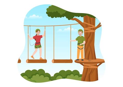 Premium Vector Zip Line Illustration With Visitors Walking On An