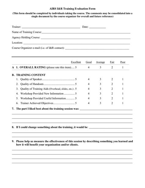 Training Evaluation Form Template