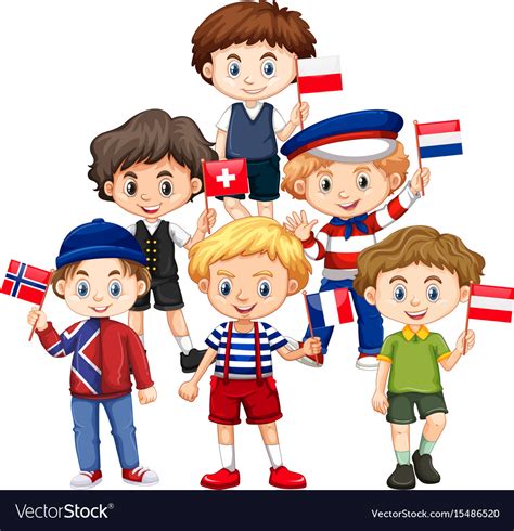 Boys Holding Flags From Different Countries Vector Image