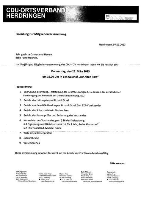 Herzliche Einladung Zur Mitgliederversammlung Cdu Ortsverband Herdringen