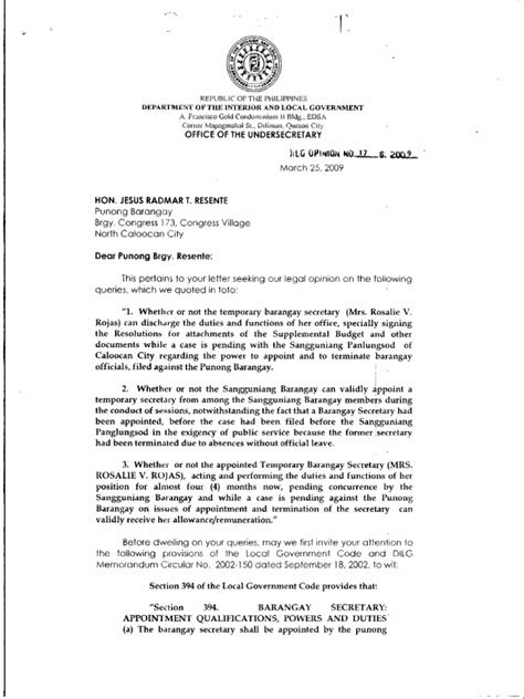 Lo017s2009appointment Of Barangay Secretarytemporary Appointment