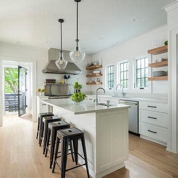 White Metal And Wood Tolix Stools At Granite Top Kitchen Peninsula