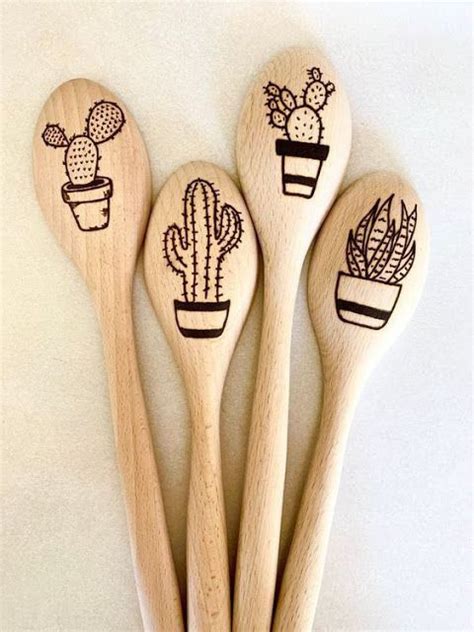 Wood Burned Cooking Spoons In Shaded Leaves And Flower Set Of Etsy