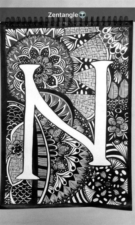 Zentangle Letter N Black And White Mandala Design Art Mandala Art Zentangle Artwork