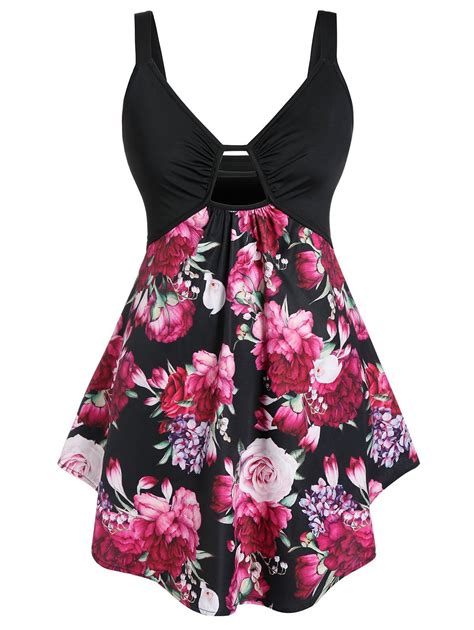 [65 Off] Plus Size Cut Out Floral Print Asymmetrical Tank Top Rosegal