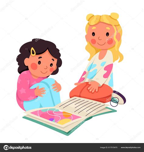 Lindas Niñas Leen Libro Juntos Ilustración Vectorial Niños Inteligentes