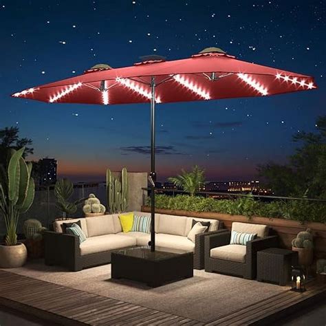 AECOJOY 15ft Double-Sided Patio Umbrella with Solar LED Lights, Crank ...