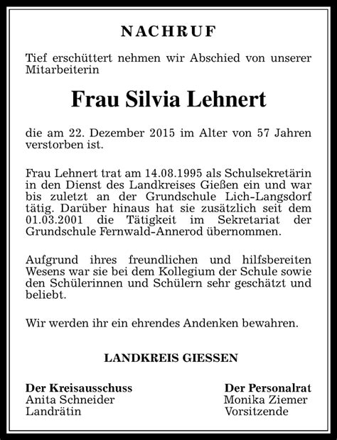 Traueranzeigen Von Silvia Lehnert Vrm Trauer De