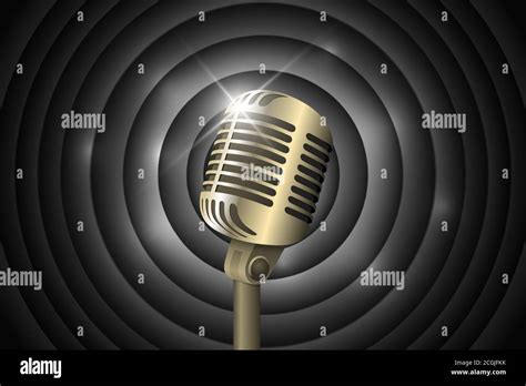 Vintage microphone on movie ending screen retro black and white circles ...