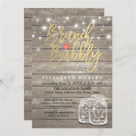 Rustic Wood Mason Jar String Light Brunch Bubbly Invitation Zazzle