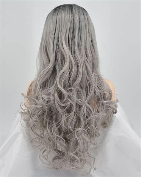 Weekendwigs Ombre Gray Long Wavy Synthetic Lace Front Wig