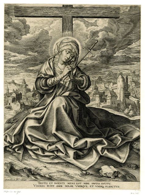 Mater Dolorosa The Virgin Mary Seated At The Foot Of The Cross With Her Hands Clasped And