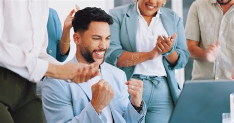 Business Man Laptop And Celebration Applause For Winning Achievement