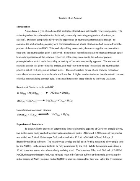 Titraion Of An Antacid Lab Report Titration Of An Antacid