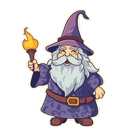 Cute Wizard Holding A Torch Vector Clipart Wizard Sticker Cartoon