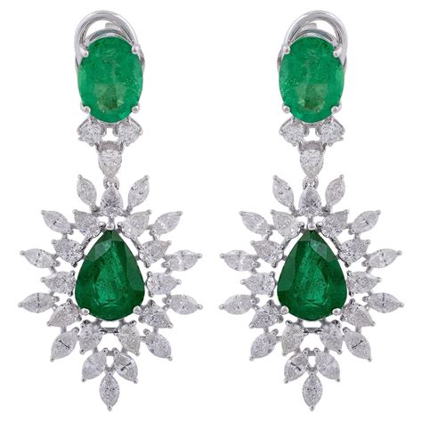 Natural Emerald Gemstone Dangle Earrings Diamond 18 Karat White Gold Jewelry For Sale At 1stdibs