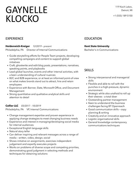 Internal Communications Resume Samples Velvet Jobs