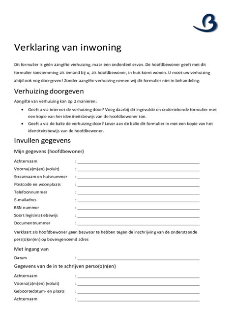 Verklaring Van Inwoning Barendrecht Online Invullen Afdrukbaar