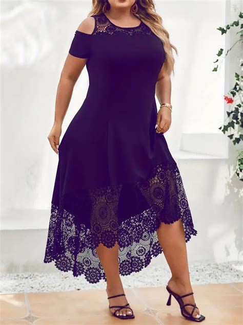 Plus Size Casual Dress Womens Plus Solid Contrast Lace Temu