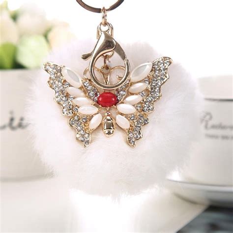 AutumnFall Rabbit Fur Ball Rhinestone Butterfly Keychain Bag Plush Key