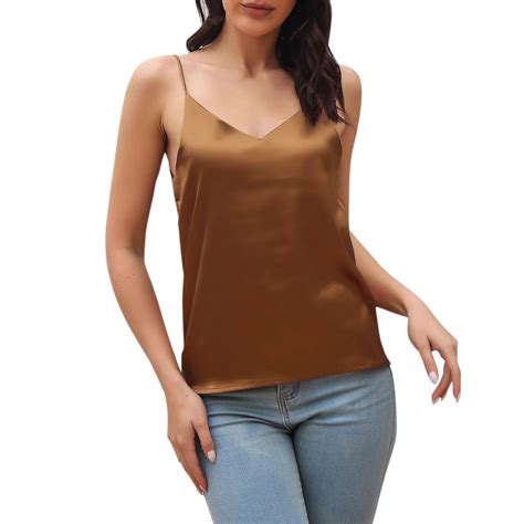 Tank Top For Women Loose Fit Cropped Spaghetti Strap V Neck Satin