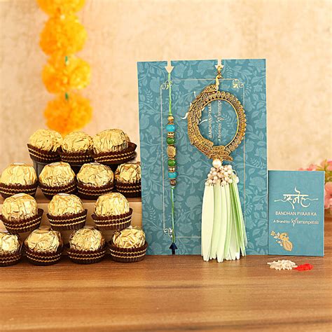 Feather Pearl Designer Lumba Rakhi Set With Pcs Ferrero Rocher