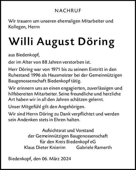 Traueranzeigen Von Willi August D Ring Vrm Trauer De