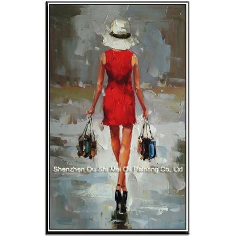 Hand Painted Red Dress Woman S Figure Shopping Oil Paintings Impression Character Painting On