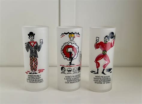 Vintage Federal Glass Gay Fad Frosted Collins Set Aristocrat Cancan Girl Muscle Man Barware
