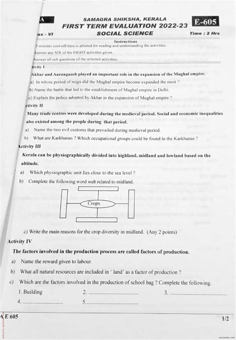 Class Social Science Onam Exam Question Paper Kerala Std