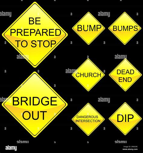 Vector Illustration Of Eight Diamond Shape Yellow Road Signs Set