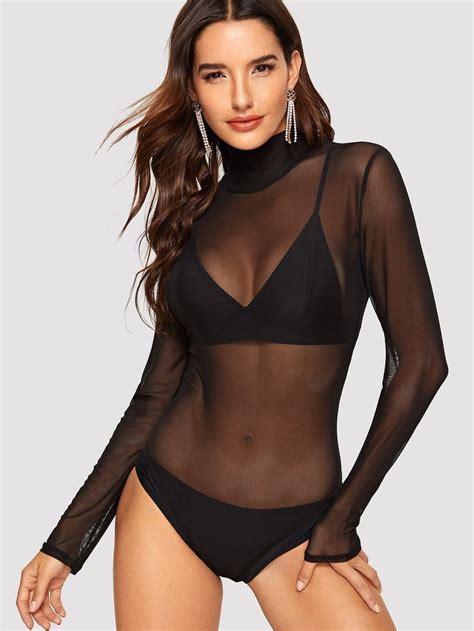 High Neck Sheer Mesh Bodysuit Shein Mesh Bodysuit Womens Bodysuit