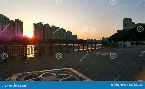 The Architectural Scenery Along the River in the Twilight. Stock Photo ...