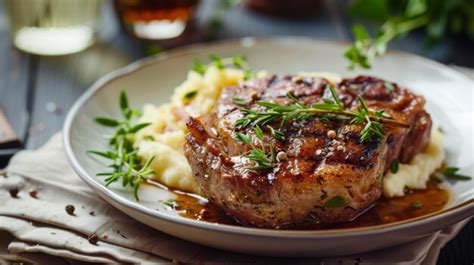 Premium Photo Juicy Pork Steak Garnished With Herbs And Served With