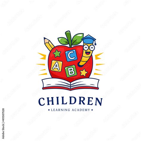 Kindergarten children learning school academy logo with apple and golden worm illustration logo ...