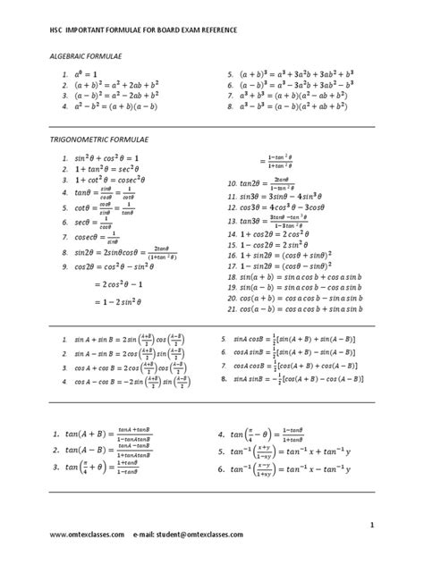 Hsc Maths Formulae For Board Exam Pdf Teaching Mathematics Mathematical Analysis