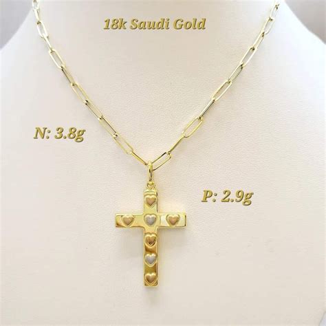 18k Saudi Gold Necklace Tri Color Paperclip Chains Crosses Cross