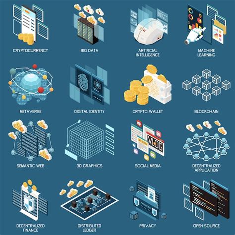 Ícones isométricos da tecnologia web 3 0 definidos ilustração