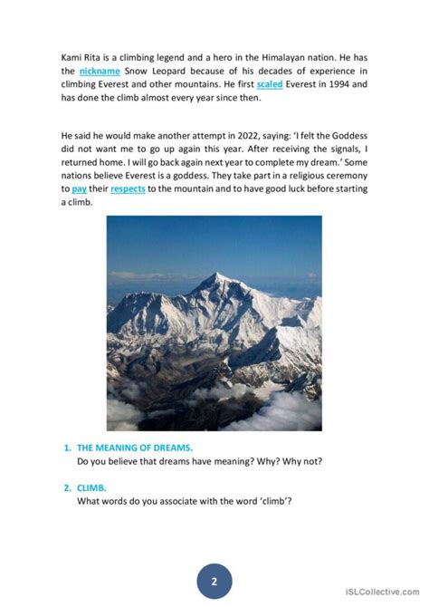 Bad Dream Stops Everest Climbers Re English Esl Worksheets Pdf And Doc