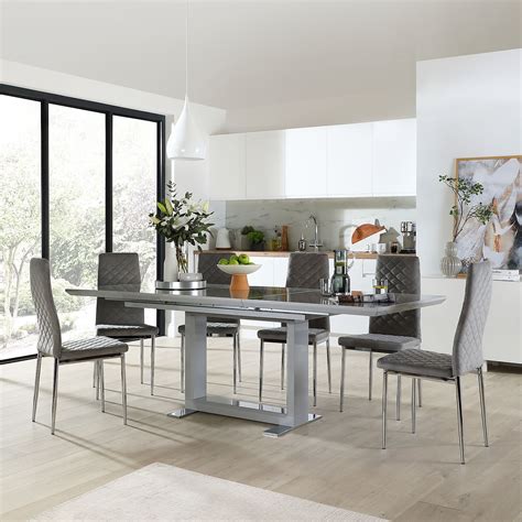 Tokyo Grey High Gloss Extending Dining Table With 8 Renzo Grey Velvet