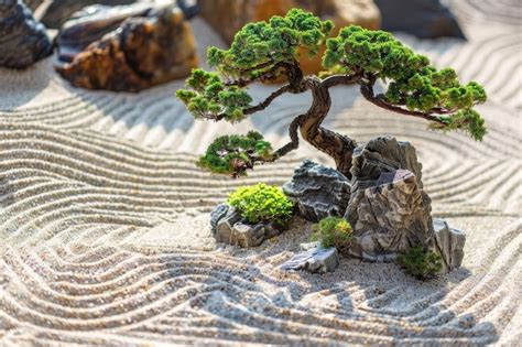 Premium Photo A Serene Zen Garden Featuring A Carefully Raked Sand