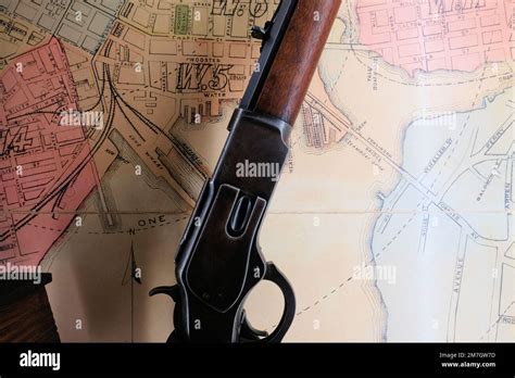 Winchester Rifle Over An Old Map Of New Haven Connecticut Home Of The