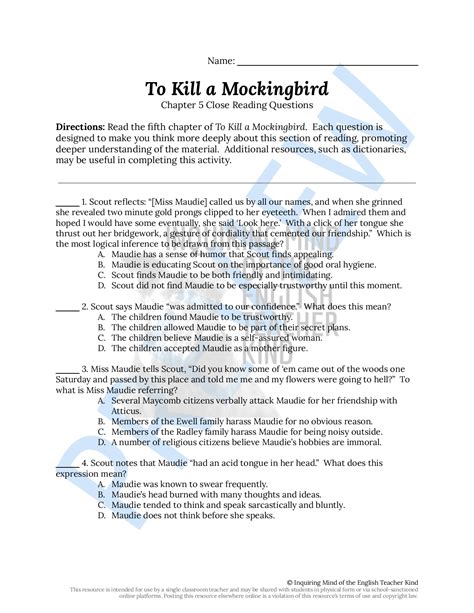 To Kill A Mockingbird Chapter 5 Close Reading Worksheet Teaching