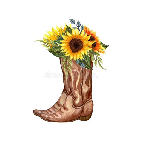 Watercolor Flowers In Boots Cowboy Boot And Sunflowers Farmhouse