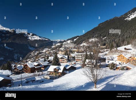 Winter View Of Village Of Wengen Bernese Oberland Switzerland Stock